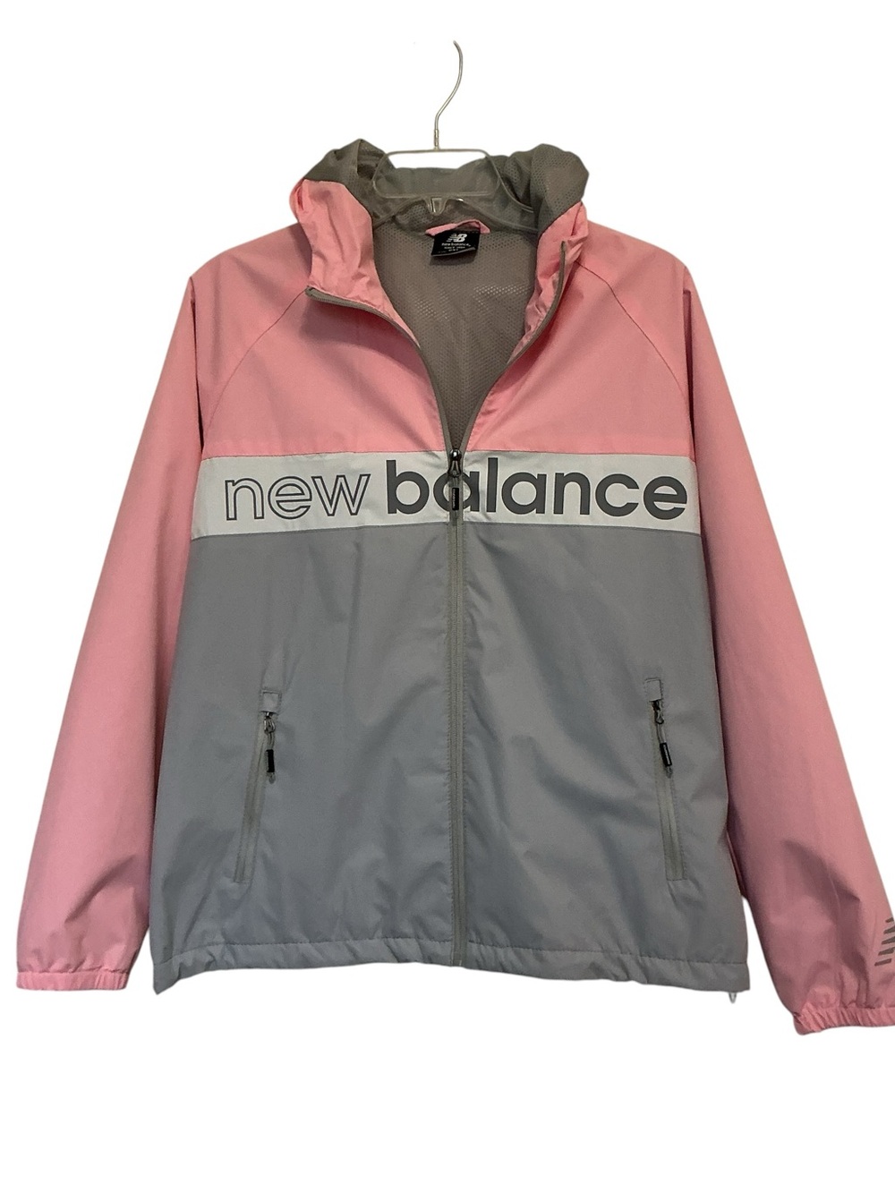 New Balance Hooded Windbreaker Jacket Womens Petite XL Colorblock Gray Pink
